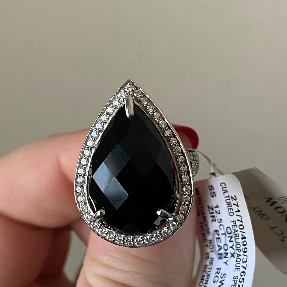 Pear Cut Onyx Cocktail Ring Sterling Silver, size 7